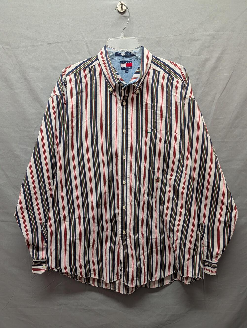 Tommy Hilfiger Shirt Mens XL White Red Blue Green Striped Button Down Crest